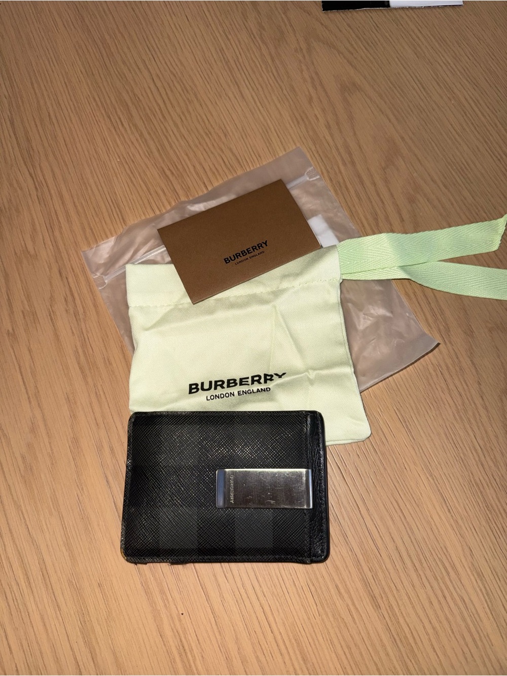 Burberry Black Check Leather Money Clip Wallet with Silver Clip